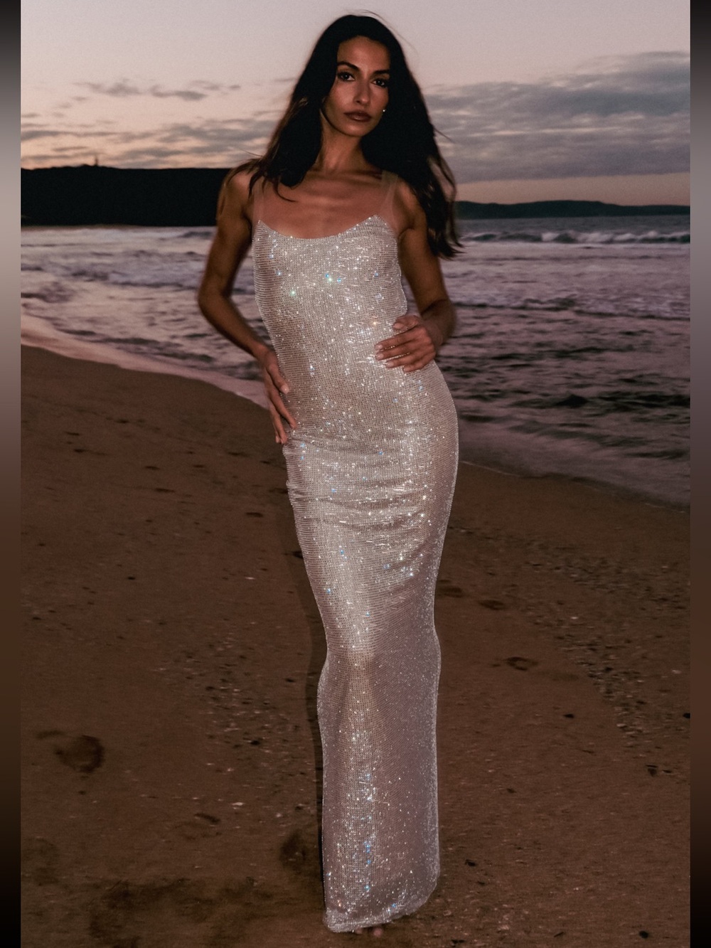 Meshki Iridescent Sequin Maxi Dress in Shimmering Cream with Open Back